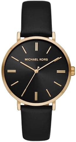 Michael Kors Women's Addyson Collection Wristwatch, 40 mm Case in Gold, Black Dial, 18 mm Black Leather Strap, Black and Gold, Elegant - Best Deal Finder