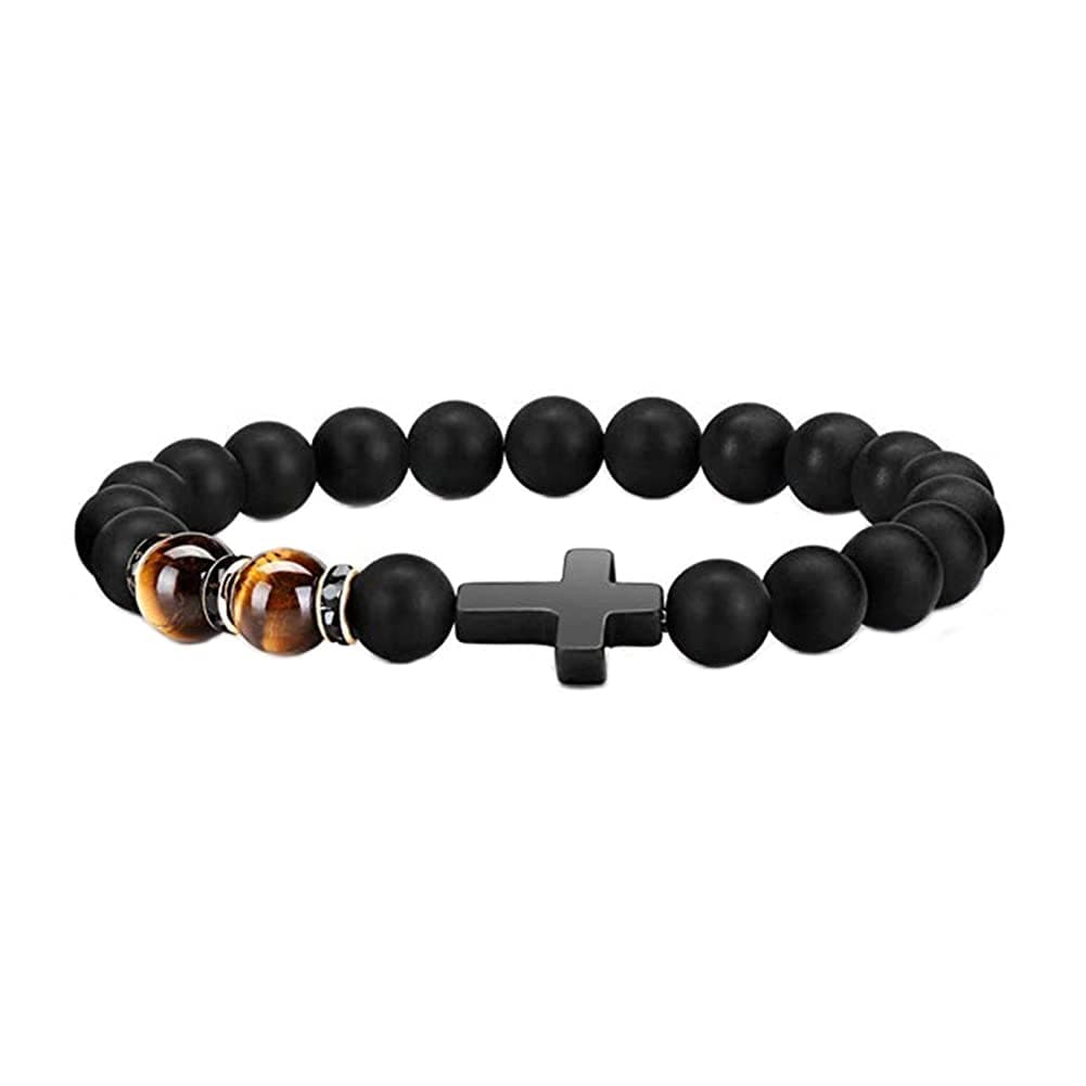 YangQian Cross Bracelet for Men Tiger Eye Catholic Rosary Bracelet for Men Boys Adjustable Natural Crystal Stone Bead Anti Anxiety Stretch Bracelet One Size, Black on Amazon.ae - Price Tracker