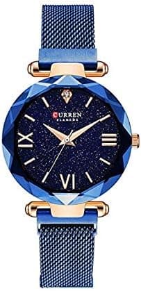CURREN 9063 Luxury Women Watches Mesh Ladies Clock Magnet Buckle Starry Diamond Geometric Surface Casual Dress Quartz Wrist watch - Blue on Amazon.ae - Price Tracker