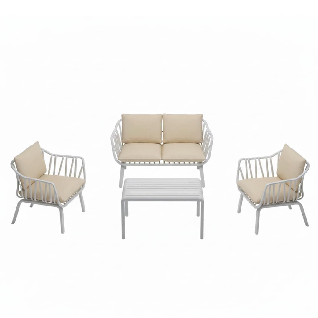 4-Seater Outdoor Furniture Set – Fiberglass Plastic Seating, Modern White Steel Frame, 2 Chairs & Loveseat with Coffee Table (Beige Cushions) on Amazon.ae - Price Tracker