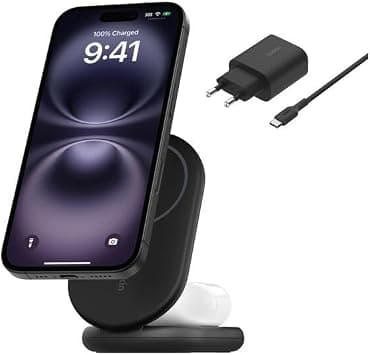 Belkin BoostCharge Magnetic Foldable Qi2 Charger 2 in 1 Power 15W MagSafe Compatible Wireless Charger for Apple iPhone 16/15/14/13 with Non-slip Base, Power Supply Included - Black على Amazon.ae - متتبع الأسعار