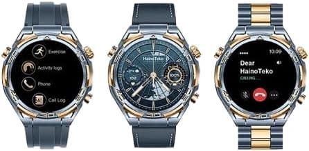 HainoTeko Round Smart Watch with 3 Pair Strap with Wireless Charger for Mens and Boys (RW 69 Blue and Gold) on Amazon.ae - Price Tracker