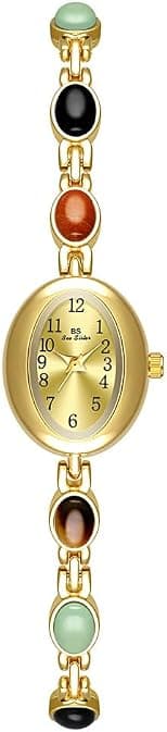 Womens Gold Petite Vintage Colorful Jade Crystals Beaded Waterproof Watch Small Pearl Oval Dial Arabic Numerals Fashion Bracelet Wrist Watch - Best Deal Finder