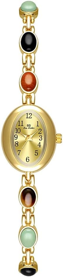 Womens Gold Petite Vintage Colorful Jade Crystals Beaded Waterproof Watch Small Pearl Oval Dial Arabic Numerals Fashion Bracelet Wrist Watch - Best Deal Finder