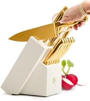 STYLED SETTINGS White and Gold Knife Set with Block – 14-PC Full Tang Titanium-Coated Stainless Steel Gold Knives and White Knife Block with Built-In Sharpener – Luxury Kitchen Accessories on Amazon.ae - Price Tracker