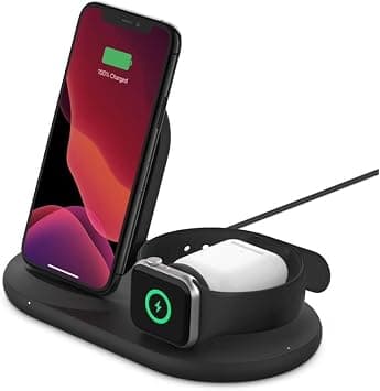 Belkin 3 in 1 Wireless Charging Station, 7.5W Wireless Charger for iPhone, Apple Watch and AirPods, Wireless Charging Dock, iPhone Charging Dock, iPhone 15, 14, 13, Apple Watch series 9, 8, 7 - Black - متتبع أسعار Amazon.sa