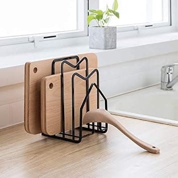 SUNIFCON Cutting Board Rack Chopping Board Organiser Stand Holder Kitchen Countertop Pots Pan Lids Rack Organiser Flat Steel 4.92''Lx5.71''Wx8.46H Black on Amazon.ae - Price Tracker