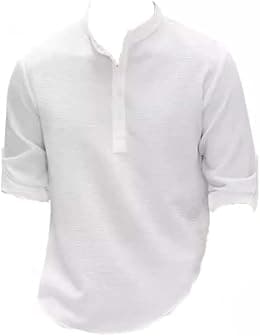 Men's Cotton Linen Shirt Casual Long Sleeve Henley Hippie T Shirts Summer Fashion Beach Tops Slim Fit Basic Button Up Shirts Lightweight Solid Color Banded Collar Shirt Typical Holiday Sports Tops, XL - Best Deal Finder