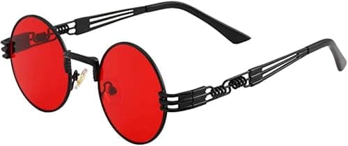 DELFINO Sunglass, Round Steampunk Retro Metal Circle Frame John Lennon Hippie Glasses Clip On Sunglasses Steampunk Style and Round Mirrored Lens Dollger Vintage Slender for Men Women, Red على Amazon.ae - متتبع الأسعار