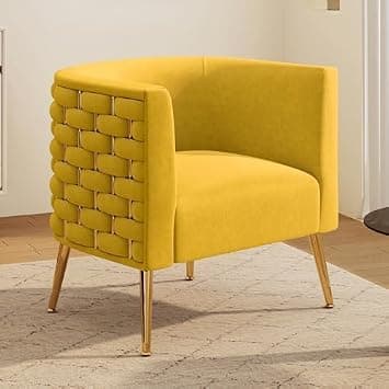 Modern Velvet Barrel Accent Chair, Comfy Wide Handmade Woven Bucket Arm Chair, Fluffy Tufted Upholstered Single Sofa Chair for Living Room, Bedroom, Office, Waiting Room(Yellow) on Amazon.ae - Price Tracker