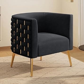 Modern Velvet Barrel Accent Chair, Comfy Wide Handmade Woven Bucket Arm Chair, Fluffy Tufted Upholstered Single Sofa Chair for Living Room, Bedroom, Office, Waiting Room(Black) على Amazon.ae - متتبع الأسعار