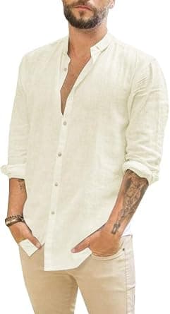 Runcati Men Linen Shirt Button Down Long Sleeve Cotton Beach Band Collar Casual Summer Shirts على Amazon.ae - متتبع الأسعار
