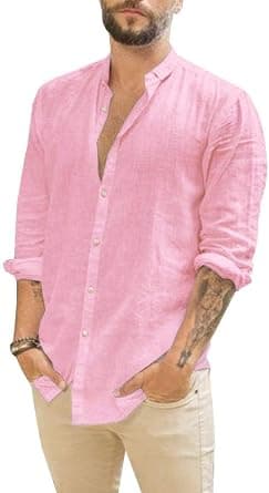 Runcati Men Linen Shirt Button Down Long Sleeve Cotton Beach Band Collar Casual Summer Shirts on Amazon.ae - Price Tracker