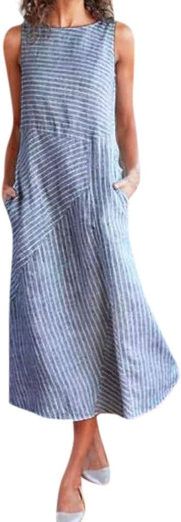 Women Casual Striped Print Sleeveless Dress Crew Neck Linen Pocket Long Dress on Amazon.ae - Price Tracker