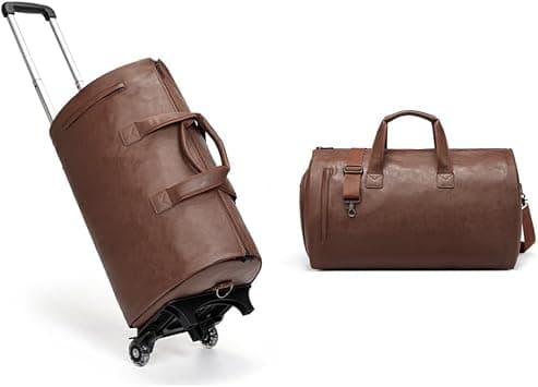 Rolling Duffel Bag with Wheels & Removable Rollers, Waterproof PU Leather Carry-On with Suit & Shoe Compartments, Adjustable Trolley Handle, Unisex Weekender Bag (Brown) على Amazon.ae - متتبع الأسعار