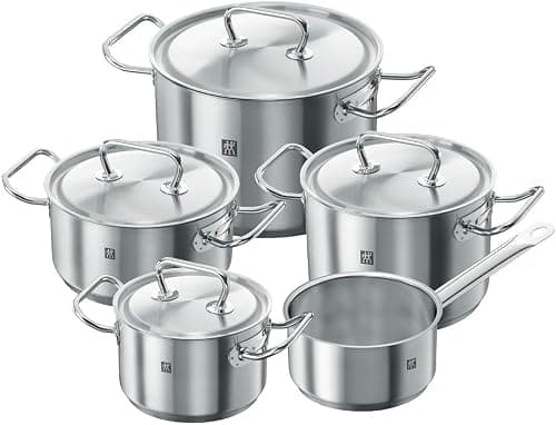Zwilling Twin Classic 5pc Cookware set. 3-Ply Base. Scratch-resistant 18/10 stainless steel body. Oven safe. Dishwasher safe. Set: 3 Stock pot, 2 Frying pans, roaster. على Amazon.ae - متتبع الأسعار
