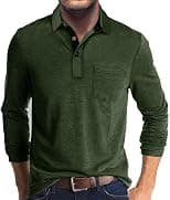 Men's Casual Polo Shirts Classic Button Basic Long Sleeve Shirt Solid Color Cotton Tees Stylish Tops - Best Deal Finder