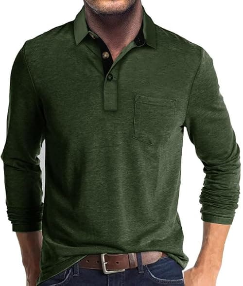 Men's Casual Polo Shirts Classic Button Basic Long Sleeve Shirt Solid Color Cotton Tees Stylish Tops on Amazon.ae - Price Tracker