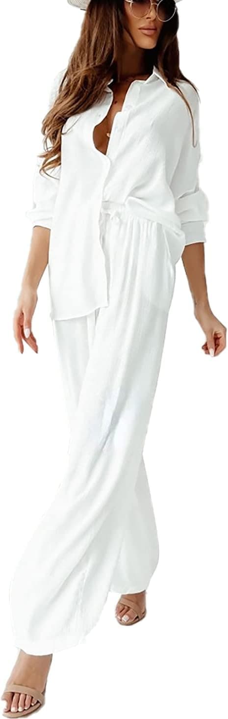 Yanfoam Women’s 2 Piece Casual Tracksuit Outfits Cotton Linen Shirt Wrinkle Wide Leg Pants Set on Amazon.ae - Price Tracker