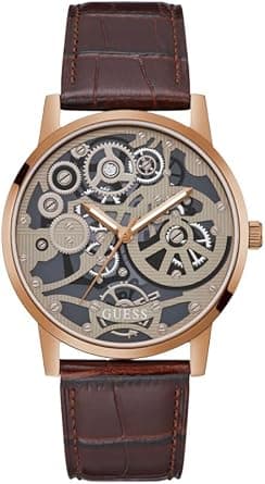 GUESS Men's 42mm Watch - Black Strap Skeleton Dial Gold Tone Case - Best Deal Finder