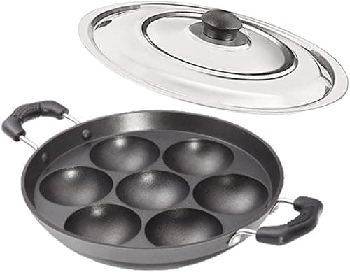 Satre Online and Marketing Small 7 Cavity Non-Stick Aluminium Heavy Induction Base Appam Pan with Steel Lid - Black,Silver,Red على Amazon.ae - متتبع الأسعار
