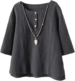 Minibee Women's 3/4 Sleeve Cotton Linen Jacquard Blouses Top T-Shirt - Best Deal Finder