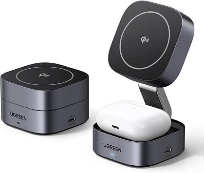 UGREEN Foldable 2-in-1 MagFlow Qi2 Wireless Charging Station 15W for Apple Magsafe Charger iPhone, Fast Magnetic Wireless Charger Stand for iPhone 17-12 Series, AirPods, iWatch - With 1M USB C Cable | Compatible with iPhone 17 16 15 14 13 12 Air Plus Pro Max AirPods 4 3 Pro 3 2 1 Wireless Charger Magnetic Foldable Adjustable على Amazon.ae - متتبع الأسعار