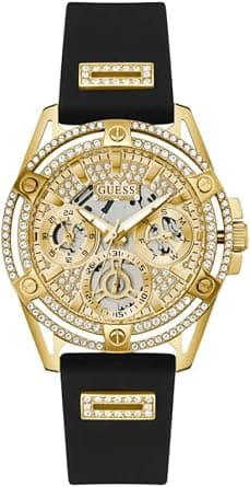 GUESS US Women's Gold-Tone and Black Silicone Multifunction Watch - Best Deal Finder