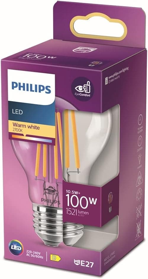 Philips LED Classic A60 Light Bulb [E27 Edison Screw] 10.5W - 100W Equivalent, Warm White (2700K), Non Dimmable on Amazon.sa - Price Tracker
