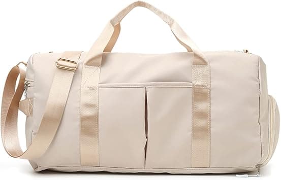 Gym Bag for Women and Men, Travel Duffel Bag for Sports and Weekend Getaway, Waterproof Dufflebag with Shoe and Wet Clothes Compartments, Beige on Amazon - Best Deal Finder