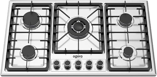 Ogera 5 Burner Built-In Gas Hob with Triple Ring Burner, Stainless Steel Top, Cast Iron Pan Supports, LPG Compatible على Amazon.ae - متتبع الأسعار