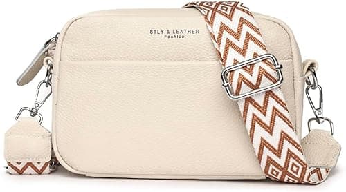 Crossbody Bag for Women Genuine Leather Wide Strap Shoulder Bag Purse Trendy Design Camera Crossbody Purse Top Zip on Amazon.ae - Price Tracker