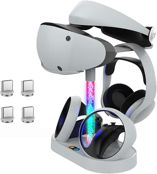 Charging Station for PS VR2 Controller with Display Stand,Fast Charger Dock for PlayStation VR2 Headset Accessories with LED,Charger Dock/VR Headset Holder/RGB Light(PS VR2,White) على Amazon.ae - متتبع الأسعار