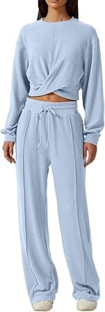 QINSEN Women 2 Piece Outfits Sweatsuit Set Twist Front Cropped Sweatshirt Wide Leg Sweatpant Lounge Set Tracksuit on Amazon.ae - Price Tracker