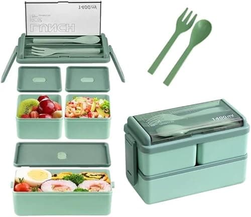 Lunch Box, Bento Box, 1400 ml/47.3 OZ Food Container, Leakproof, For Kids, Adults, School and Office, Lunch Box with 3 Compartments, Including Reusable Cutleries, Microwave Safe (Green) on Amazon.ae - Price Tracker