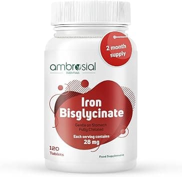 Ambrosial Iron Bisglycinate 28mg – Vegan, Non-Constipating, High Absorption Supplement for Adults | Gentle Daily Iron Support | 120 Capsules on Amazon.ae - Price Tracker