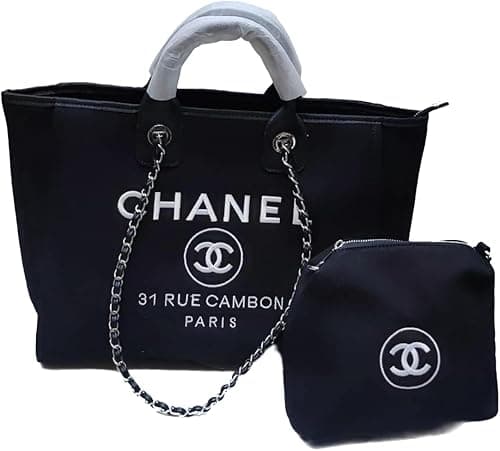 Canvas Tote Bag with Chain Strap and Matching Pouch, Black with White Logo, 31 Rue Cambon Paris on Amazon.ae - Price Tracker