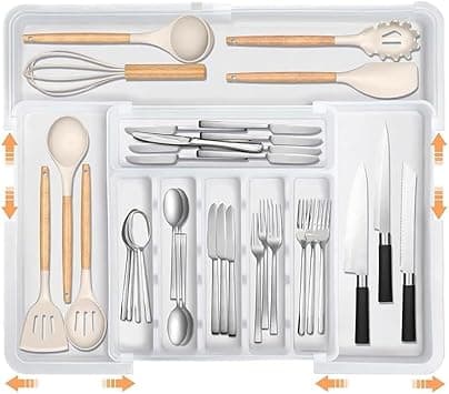 Larger Cutlery Drawer Organiser,3-sided Expandable Kitchen Drawer Organizer,(6-9 Slots) Compartments,kitchen Drawer Organizer,Cutlery Tray Drawer Divider,Suitable for Knives, Forks, and Spoons(White) على Amazon.ae - متتبع الأسعار
