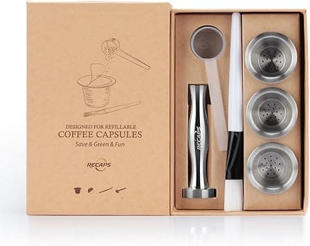 RECAPS Reusable Coffee Pods Stainless Steel Refillable Filters with Tamper Compatible with Nespresso Original Line Machine But Not All (3 Coffee Pods + 1 Tamper + 120 Lids) - متتبع أسعار Amazon.sa