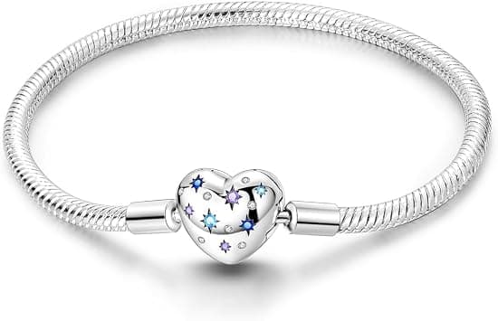 Charm Bracelet for Women Sterling Silver, Heart Clasp Snake Chain Bracelet Travel Charm Moments European Bracelet Jewelry Compatible with Pandora Charms, Gift for Her - متتبع أسعار Amazon.sa