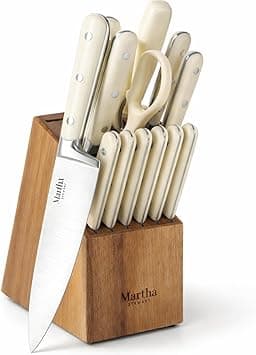 MARTHA STEWART Eastwalk 14 Piece High Carbon Stainless Steel Cutlery Knife Block Set w/ABS Triple Riveted Forged Handle Acacia Wood Block - Linen White on Amazon.ae - Price Tracker