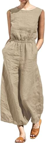 Women's Casual High Waist Linen Sleeveless Baggy Pants Summer Elegant Loose Fit Wide Leg Jumpsuit Romper Pants - Best Deal Finder