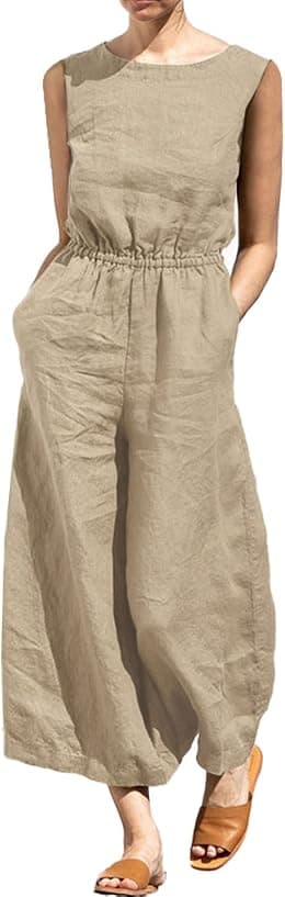 Women's Casual High Waist Linen Sleeveless Baggy Pants Summer Elegant Loose Fit Wide Leg Jumpsuit Romper Pants - Best Deal Finder