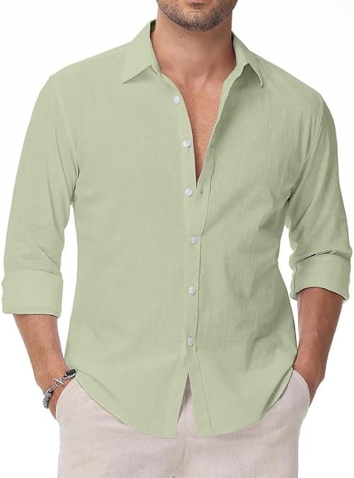 Linen Shirts for Men Casual Button Down Long Sleeve Shirt Solid Summer Beach Hawaiian Shirts على Amazon.ae - متتبع الأسعار