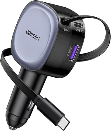شاحن سيارة 75 واط قابل للسحب مع كابل USB نوع C مدمج بقدرة 60 واط بطول 75 سم للشحن السريع مع 3 منافذ محول شحن موبايل لسلسلة آيفون 17، وماك بوك برو/إير، وسامسونج S25 ألترا من يوجرين | يعمل بسلاسة مع ايفون وسامسونج وماك بوك وجميع أجهزة USB-C/A، يشحن 3 أجهزة في وقت واحد، للرحلات والسفر على Amazon.sa - متتبع الأسعار