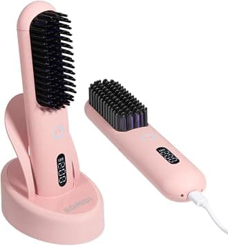 BOMIDI Cordless Hair Straightener Brush with Detachable for Easy Clean, 200M Negative Ions, 6-Speed Smart Temp Control and Type-C/Base Dual Charging, Travel-Friendly Styling Tool - Pink on Amazon.ae - Price Tracker
