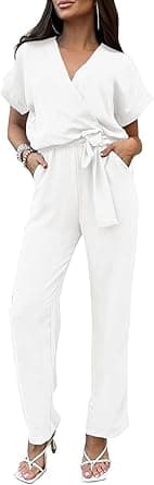 PRETTYGARDEN Women's Jumpsuit Casual Short Sleeve Wrap V Neck Belted Wide Leg Pants on Amazon.ae - Price Tracker