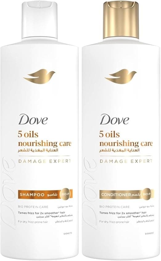DOVE Shampoo, 5 oils nourishing care, tames frizz for 2x smoother* hair, 400ml + DOVE Conditioner, 5 oils nourishing care, 350ml on Amazon.ae - Price Tracker