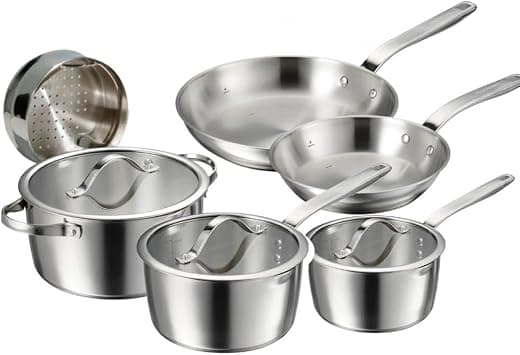 Tramontina Since 1911, 9-Piece Tempo Tri-Ply Base Stainless Steel Cookware Set with Glass Lids, Pots and Pans Kitchen Set, Induction-Ready, Oven-Safe, Dishwasher-Safe 37240028 على Amazon.ae - متتبع الأسعار