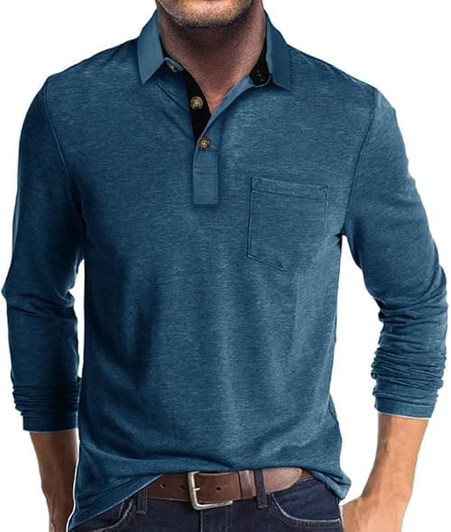 Men's Casual Polo Shirts Classic Button Basic Long Sleeve Shirt Solid Color Cotton Tees Stylish Tops on Amazon.ae - Price Tracker